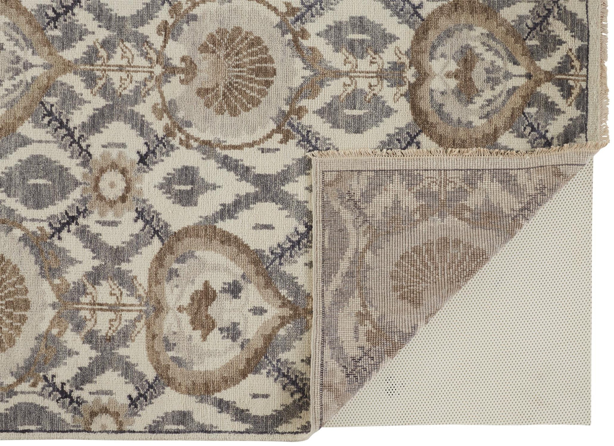 Stain-Resistant Hand-Knotted Wool Area Rug with Orange and Gray Floral Design