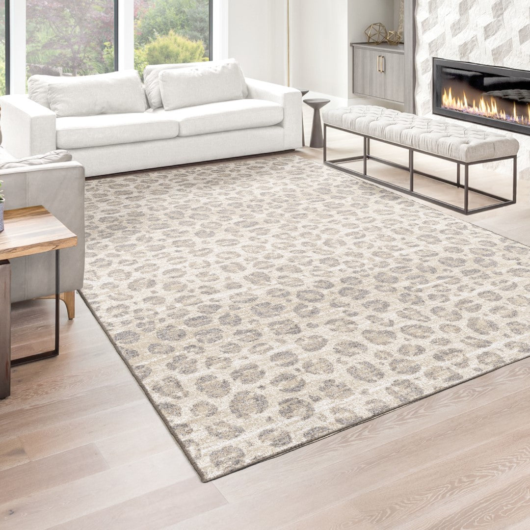 Stain-Resistant Contemporary Snow Leopard Area Rug, USA-Woven for Chic Home Decor