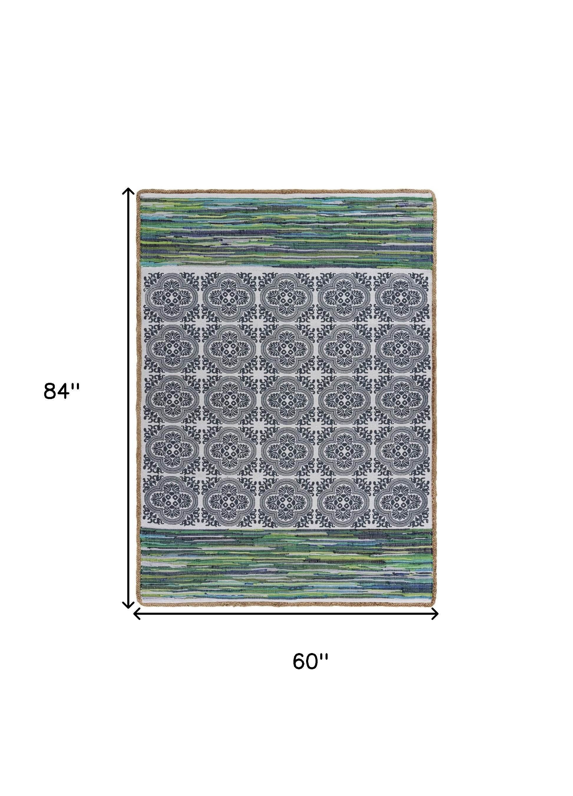 Stylish Modern Geometric Design Chindi Area Rug in Blue and Green - Soft and Durable Cotton Blend Floor Covering