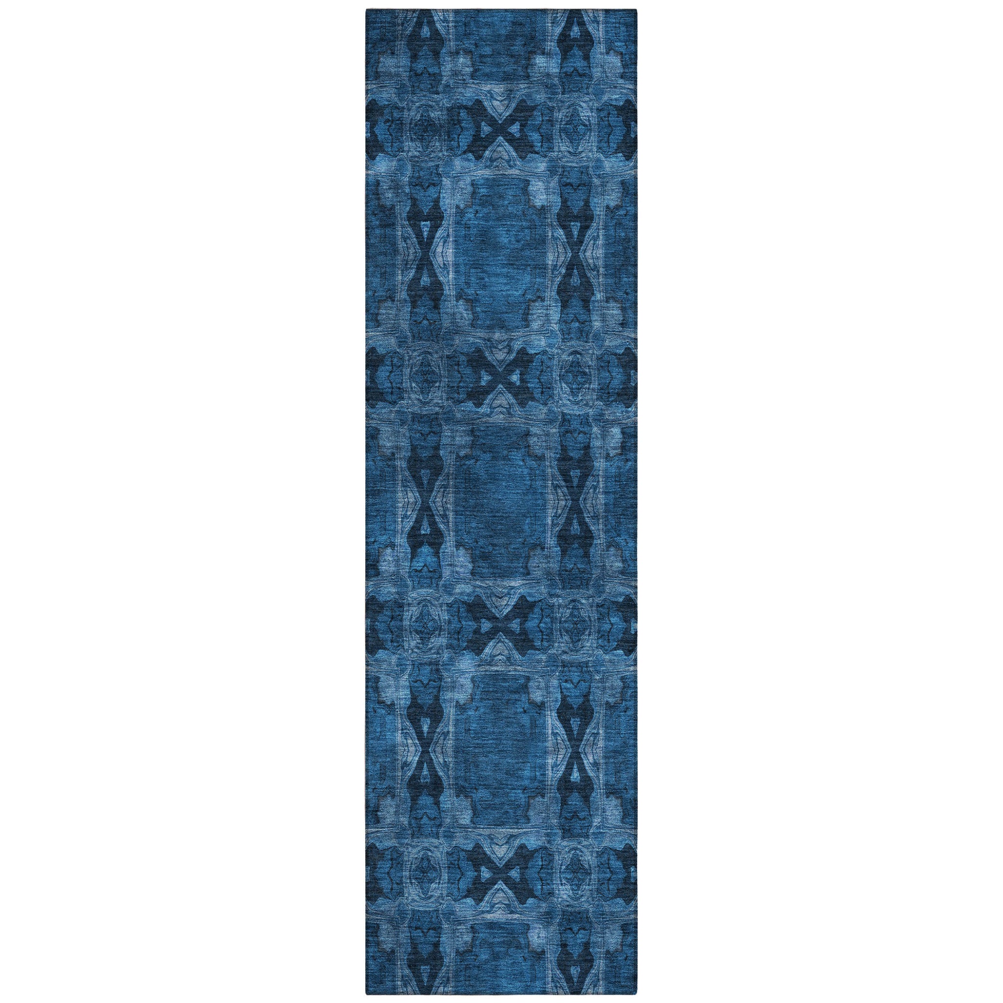Stain-Resistant, Non-Skid Washable Teal Floral Medallion Round Runner Rug for Indoors & Outdoors