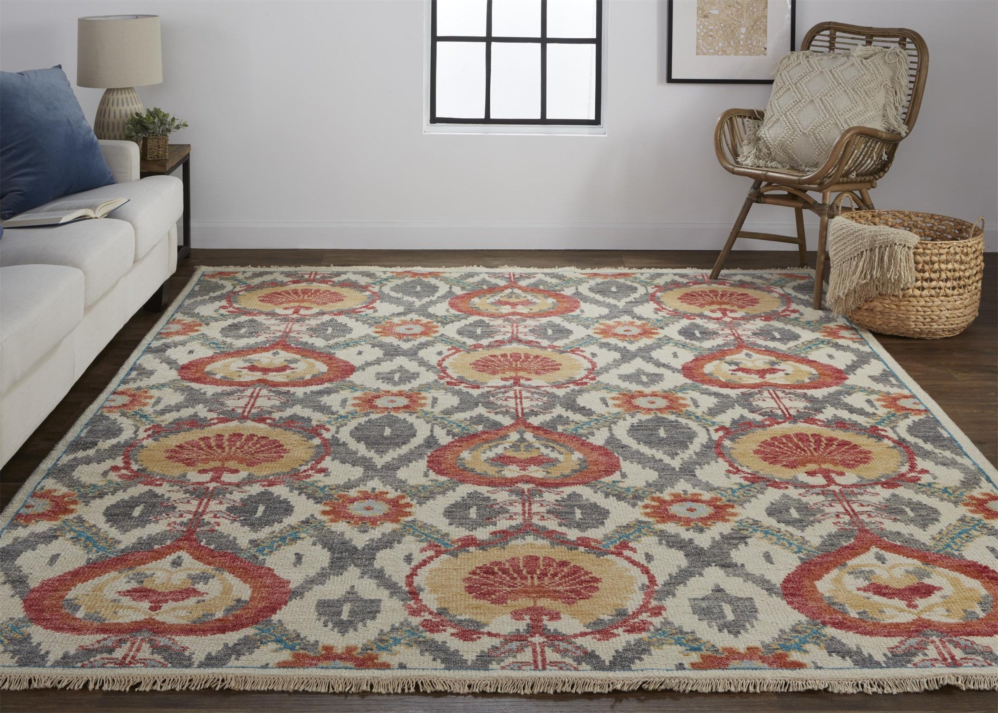 Stain-Resistant Hand-Knotted Wool Area Rug with Orange and Gray Floral Design
