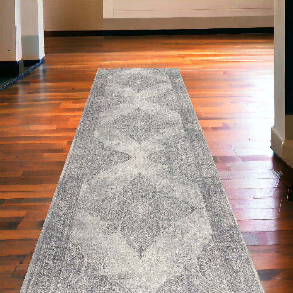 Elegant Gray Distressed Medallion Runner Rug - Durable, Soft for Home & Commercial Decor