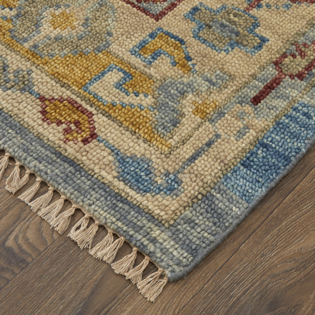 Stylish Stain-Resistant Hand-Knotted Wool Area Rug with Geometric Design and Fringe