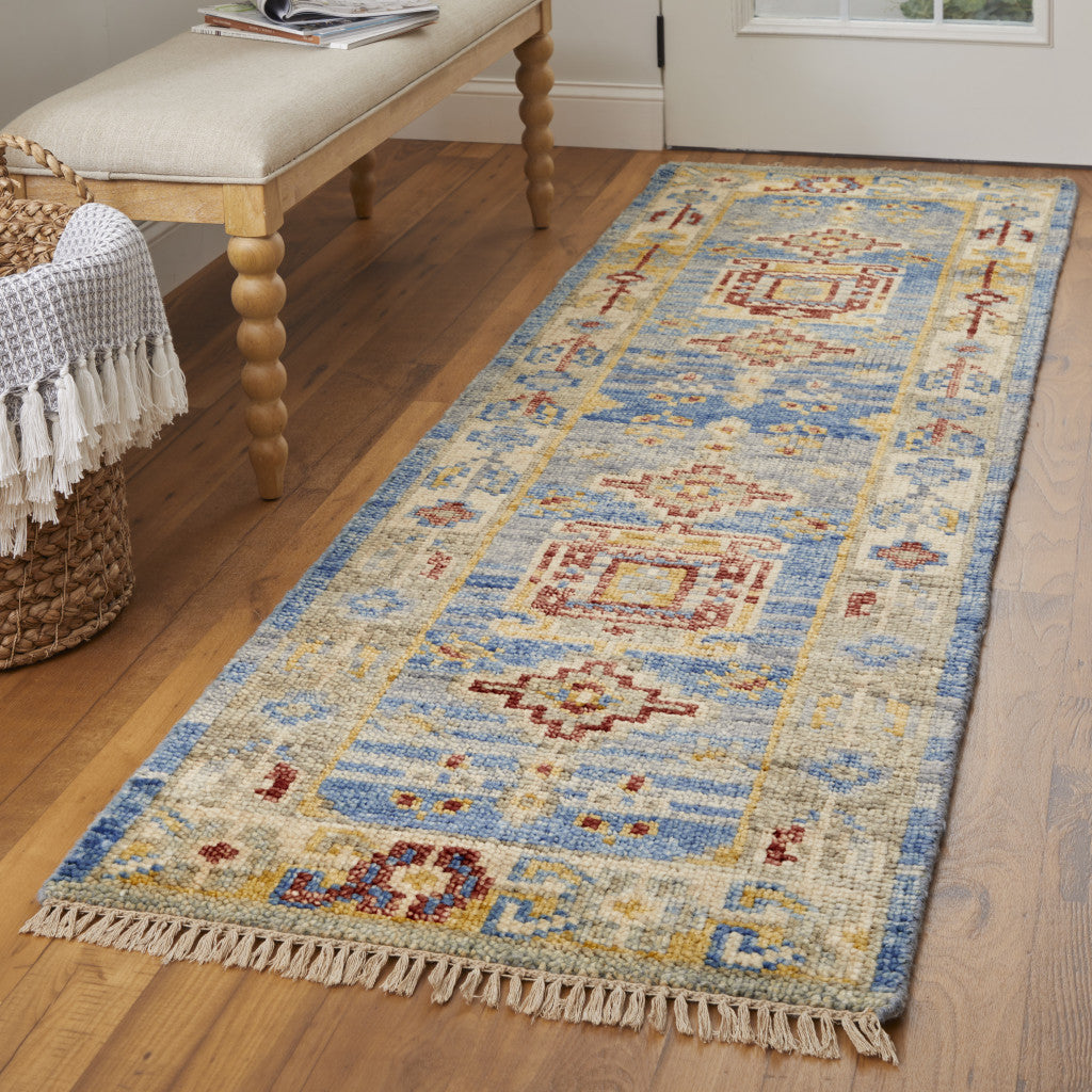 Stylish Stain-Resistant Hand-Knotted Wool Area Rug with Geometric Design and Fringe