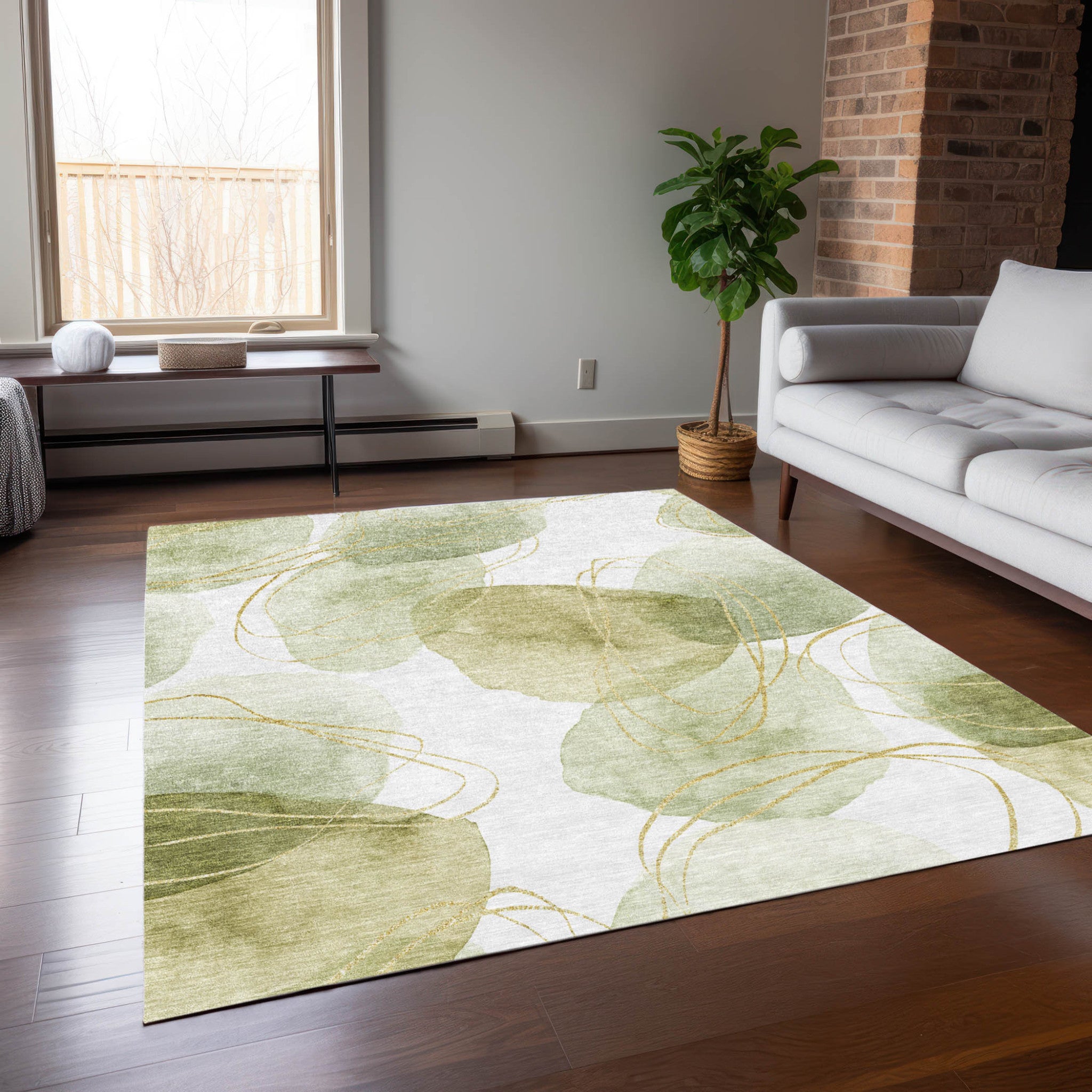 Modern Washable, Non-Skid, Stain-Resistant Green & Ivory Abstract Indoor-Outdoor Runner Rug