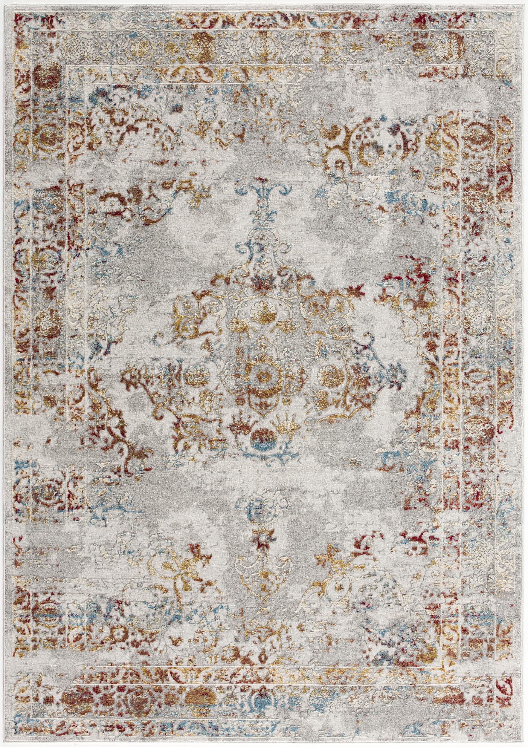 Distressed Gray and Beige Ornate Area Rug - Vintage Elegance for Your Space