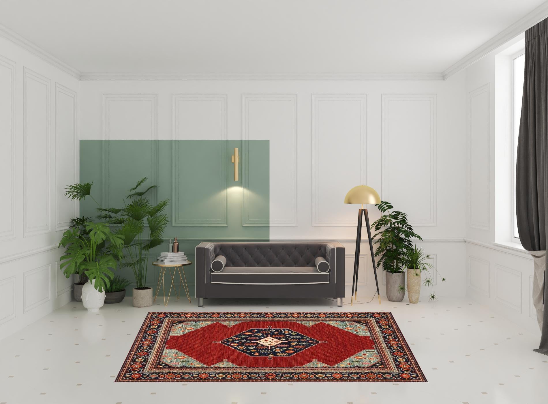 Stylish Red, Blue, and Ivory Stain-Resistant Oriental Runner Area Rug with Elegant Fringed Ends