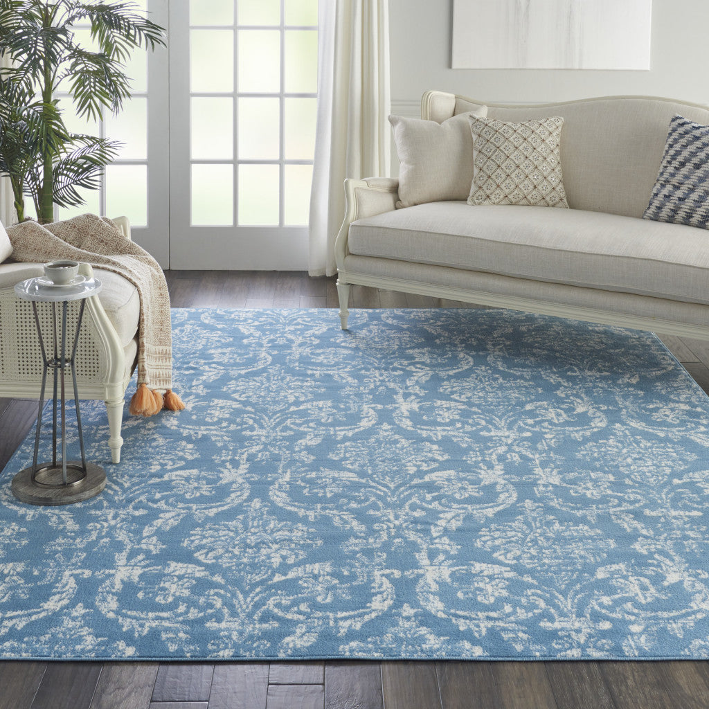 Stylish and Durable 8' x 10' Blue Damask Power Loom Area Rug for Home Decor