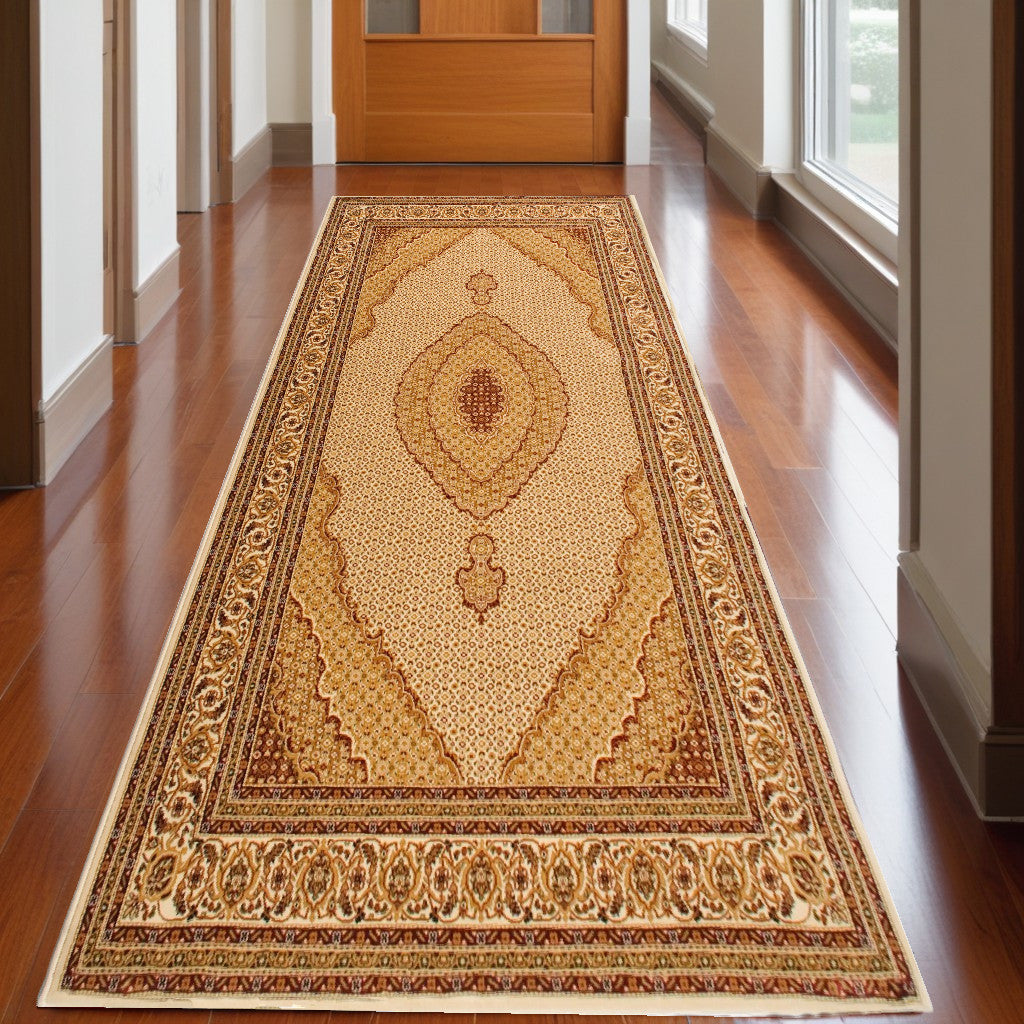 15-Foot Stain-Resistant, Pet-Friendly Beige and Ivory Oriental Power Loom Runner Rug