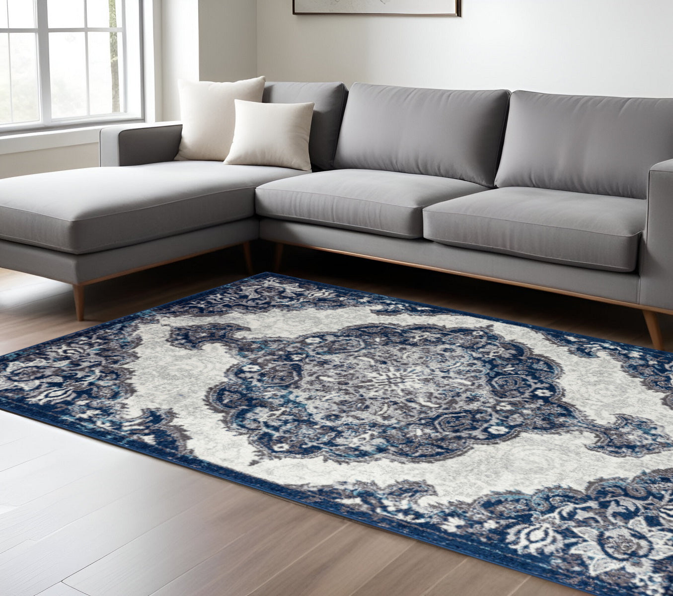 Navy and Ivory Medallion Design Area Rug - Stain-Resistant, Durable, Ideal for Kids and Pets' Spaces