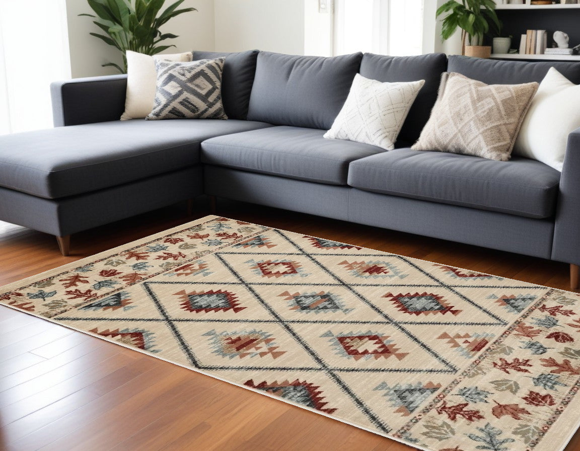 Ivory Round Geometric Lodge Area Rug - Ideal for Cozy Indoor Decor