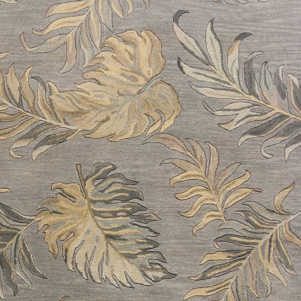 Modern Hand-Tufted Grey Wool Area Rug with Botanical Leaves Design for Homes