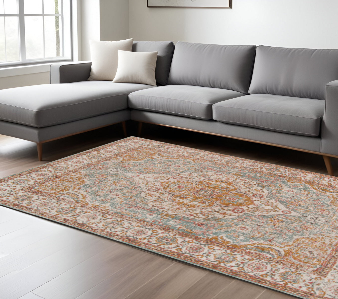 Stylish Ivory, Navy & Yellow Oriental Area Rug - Ideal for Family Homes with Kids & Pets