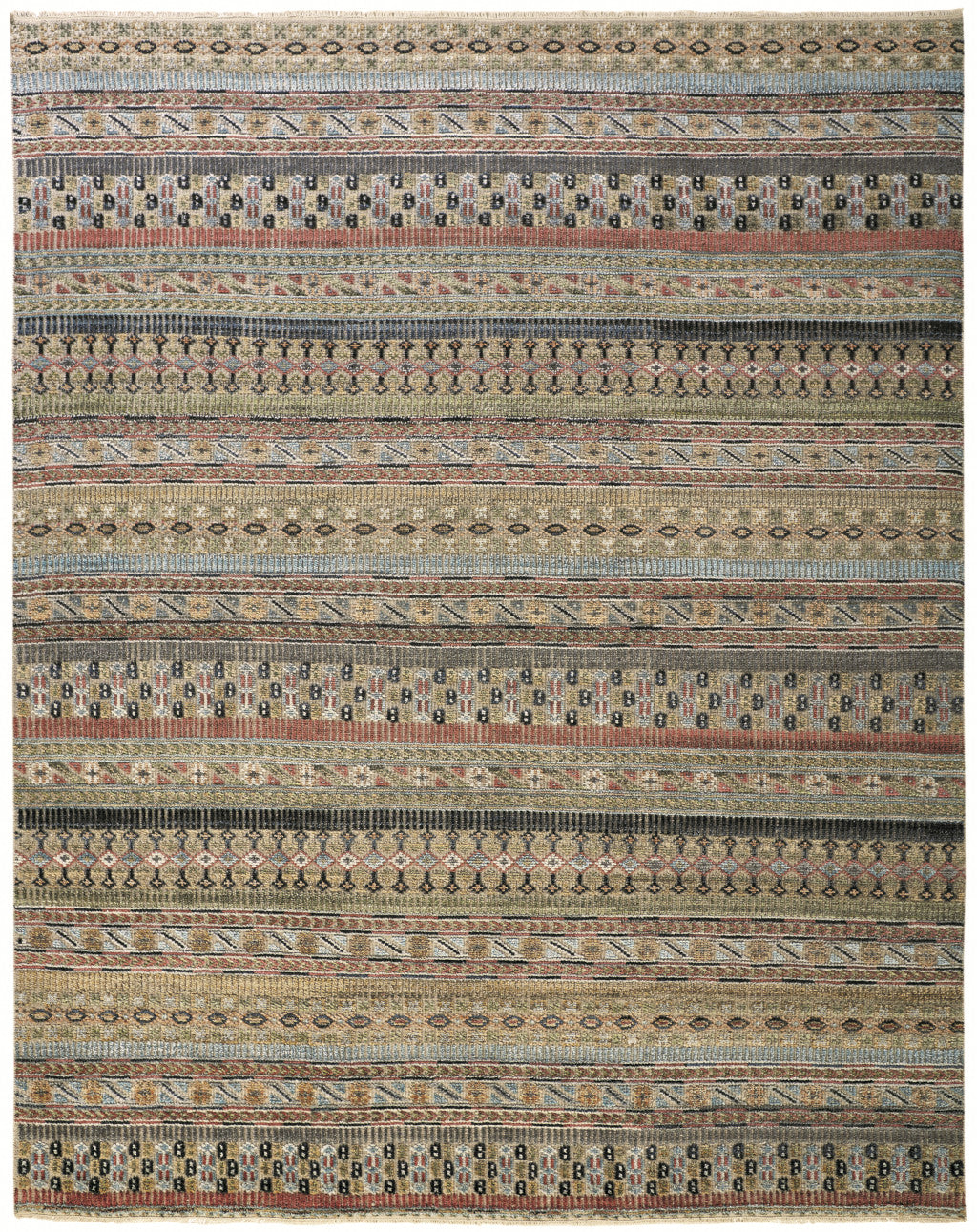 Stylish Hand-Knotted Wool Blend Area Rug with Striped Design in Tan, Blue, and Orange for Elegant Home Décor