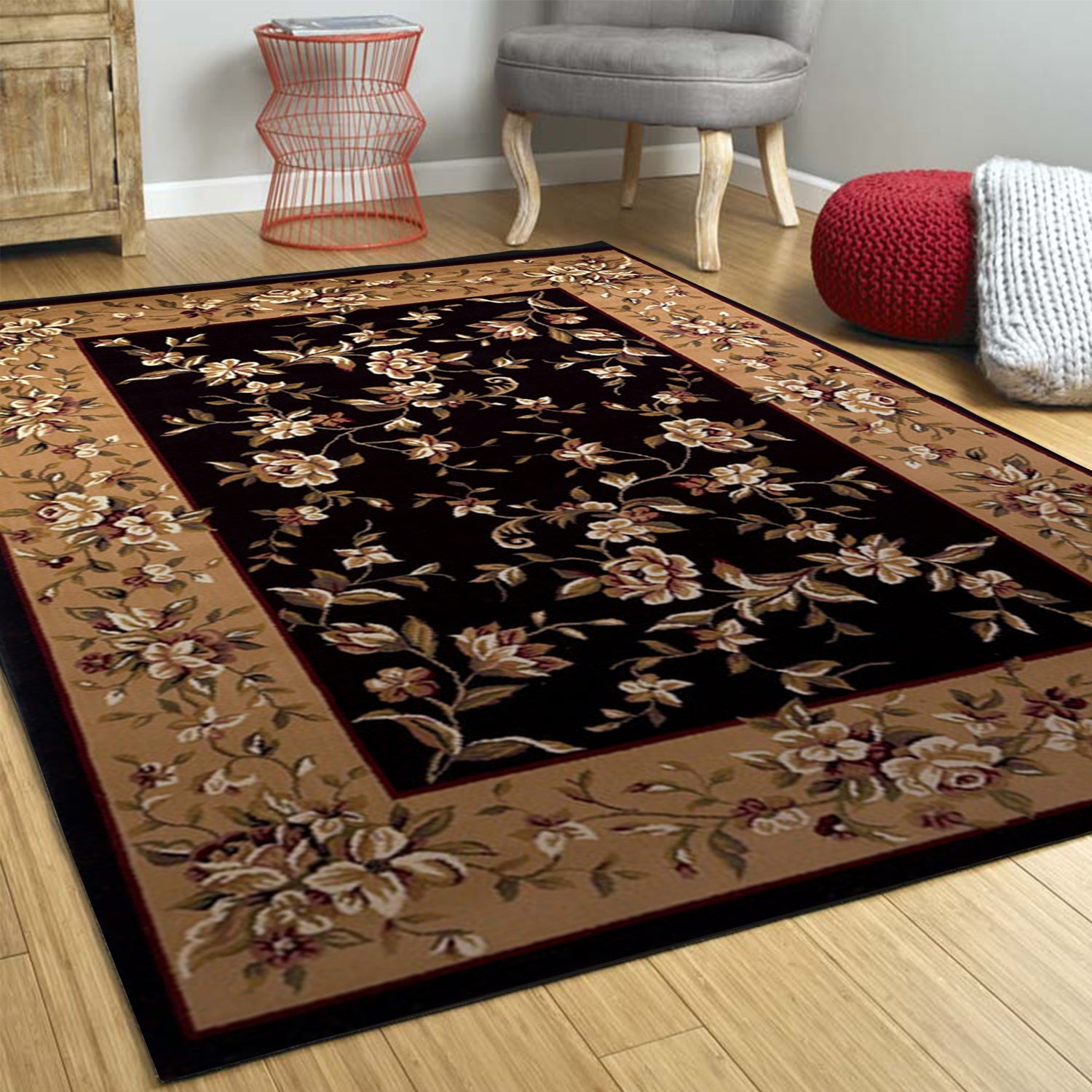 Exquisite Black and Beige Floral Area Rug for Home Decor - Transform Your Living Space with Graceful Artistry