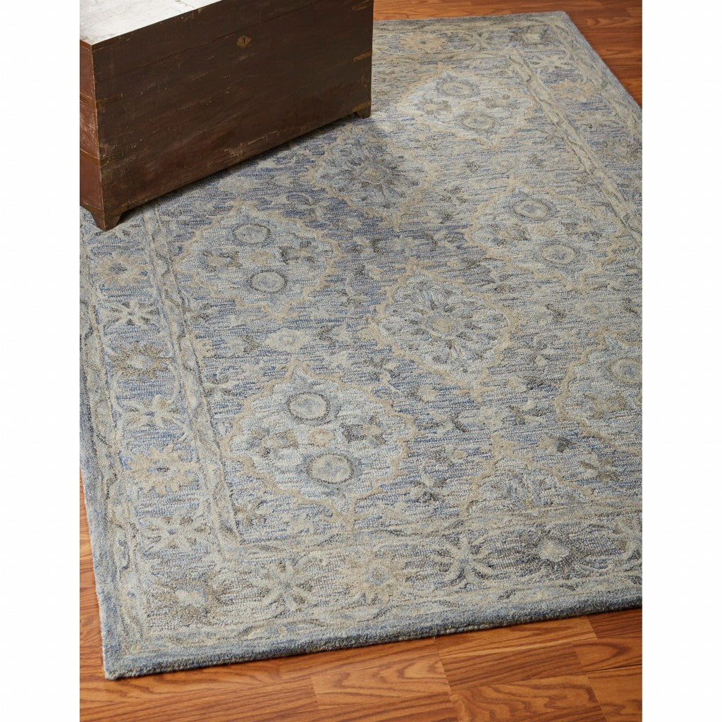 Elegant Hand-Tufted Blue and Tan Wool Blend Area Rug with Diamond Patterns
