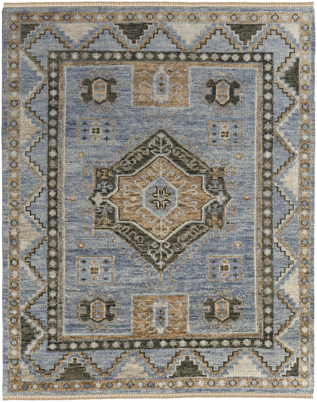 Exquisite Hand-Knotted Wool Area Rug in Elegant Ivory Tan & Blue with Tassels