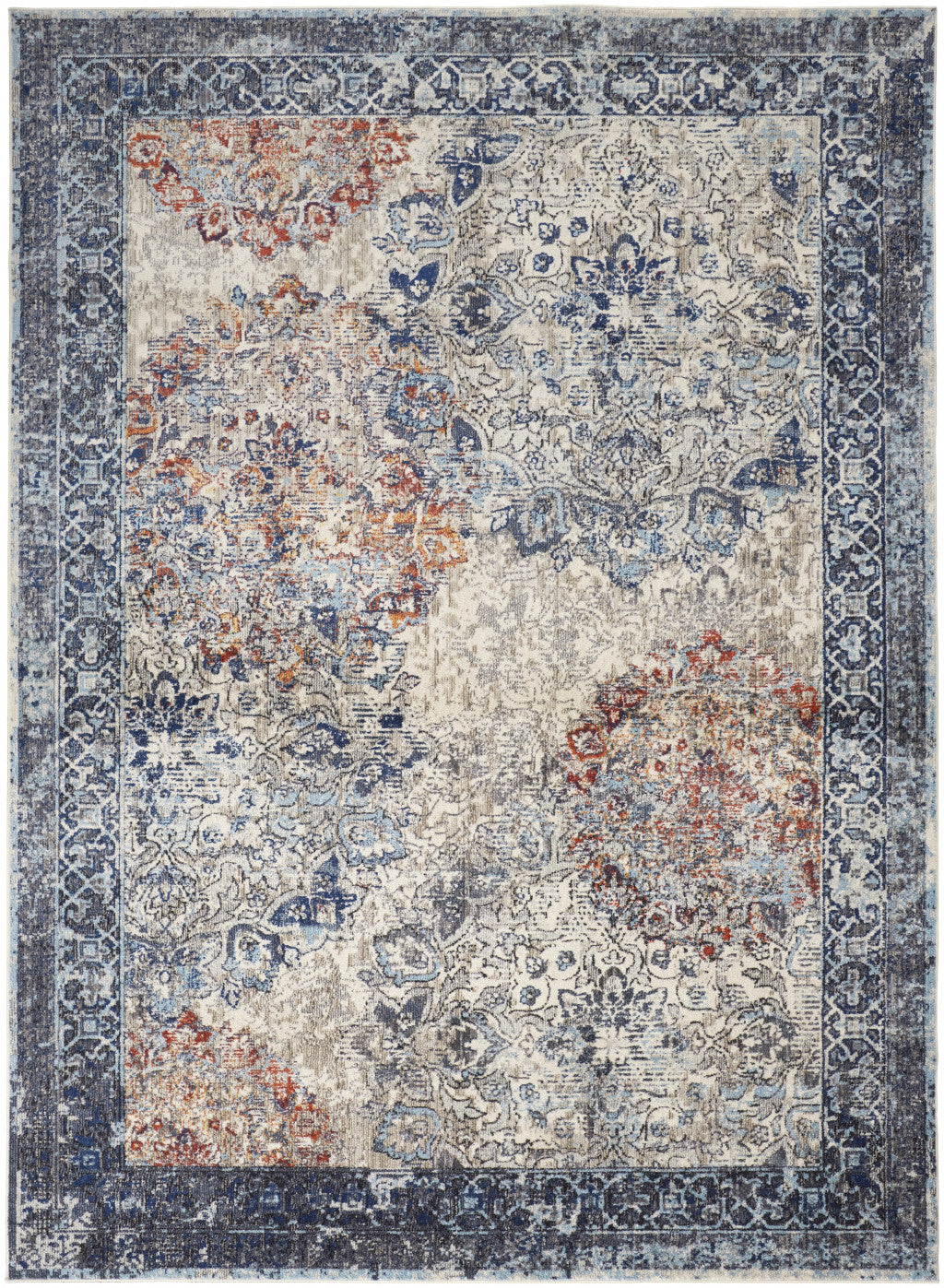 Stain-Resistant Distressed Floral Area Rug with Elegant Blue, Ivory, and Red Design, Ideal for Homes