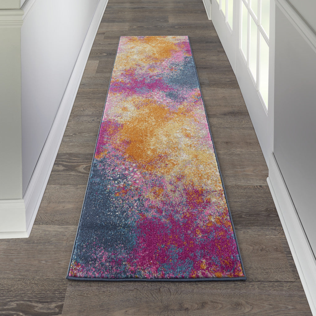 Stylish Turkish Blue Abstract Power Loom Runner Rug for Elegant Home Decor