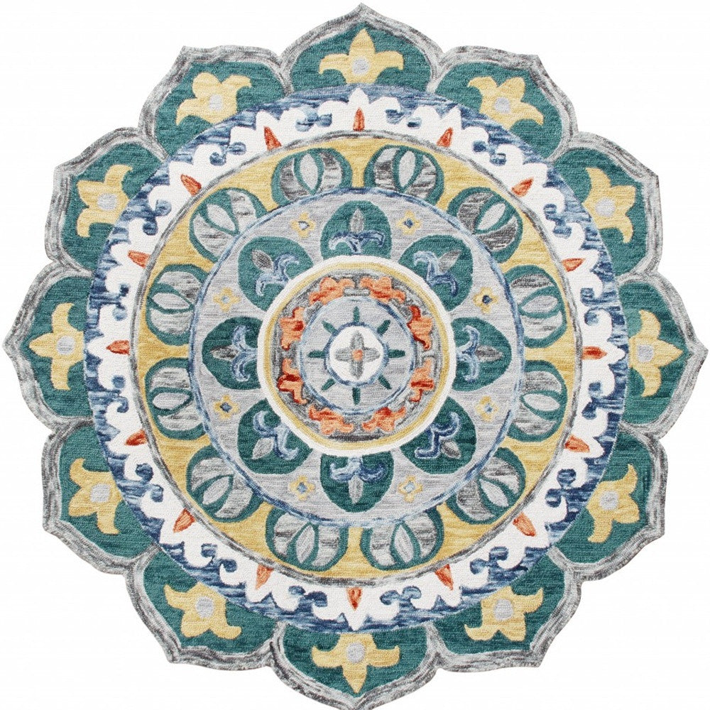 Round Hand - Tufted Wool Teal Floral Mandala Area Rug for Modern and Luxurious Room Decor
