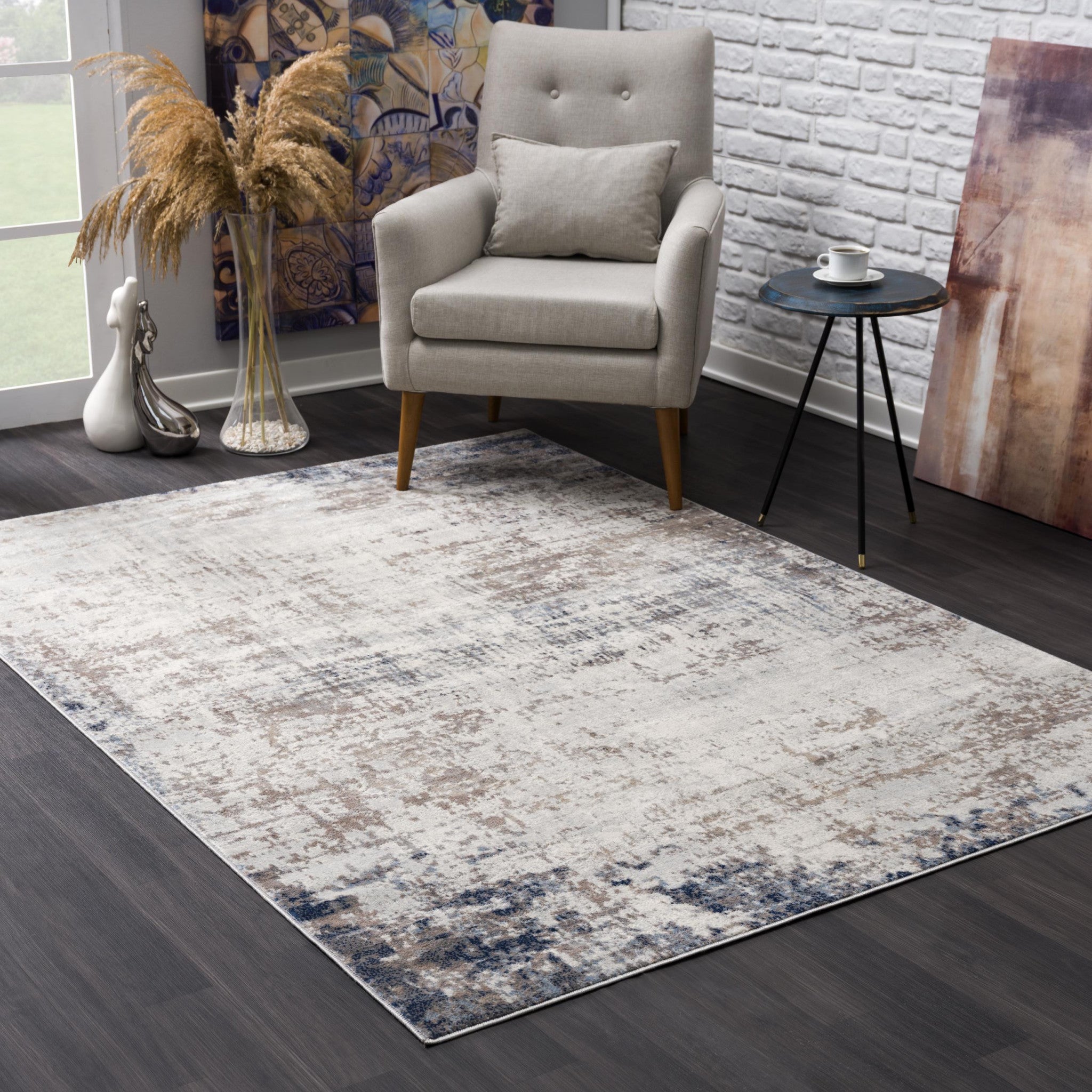 Stylish Navy Blue Distressed Runner Rug - Abstract Design, Durable & Cozy