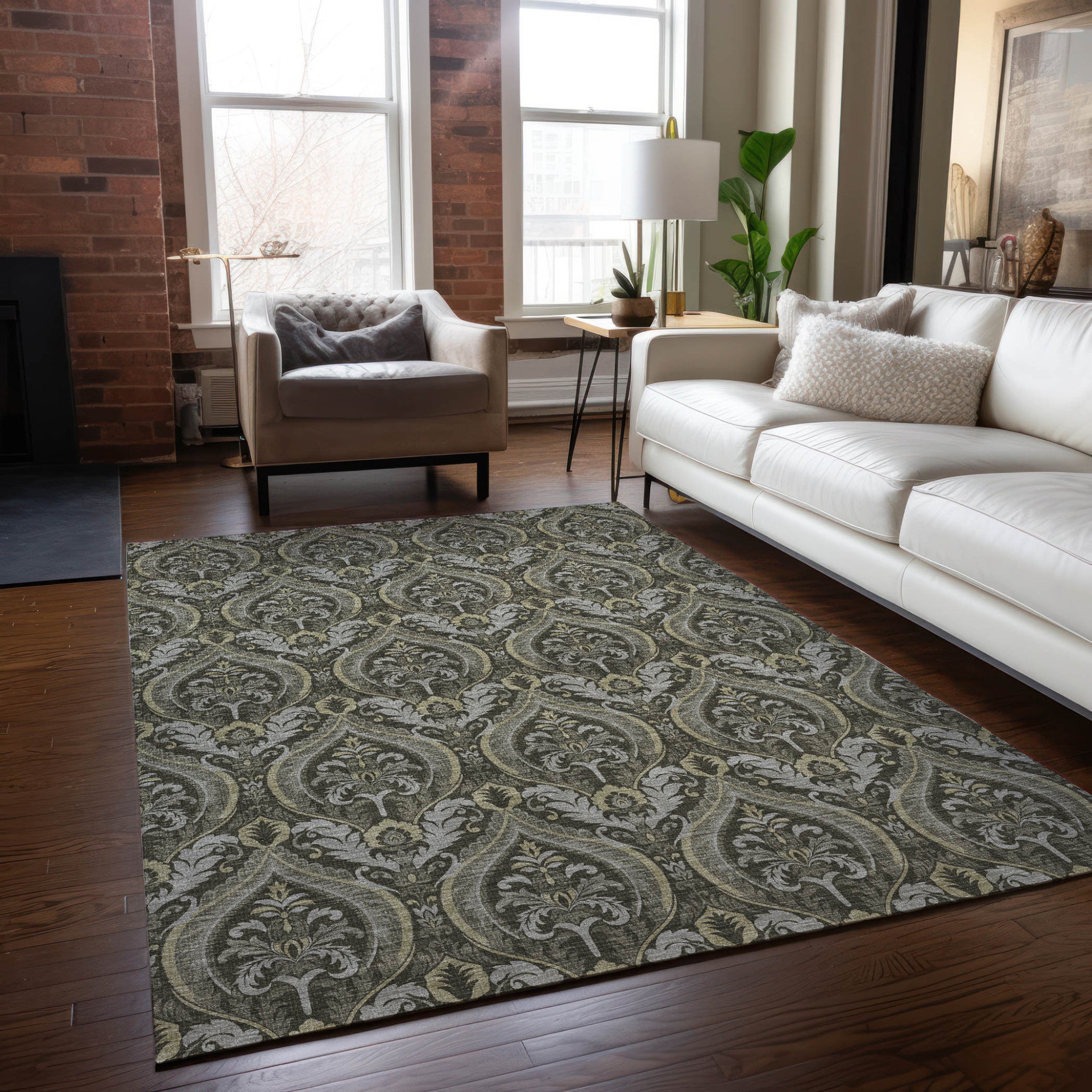 Stylish Washable and Stain - Resistant Non - Skid Damask Design Indoor Outdoor Runner Rug Measuring 27 Inches by 90 Inches