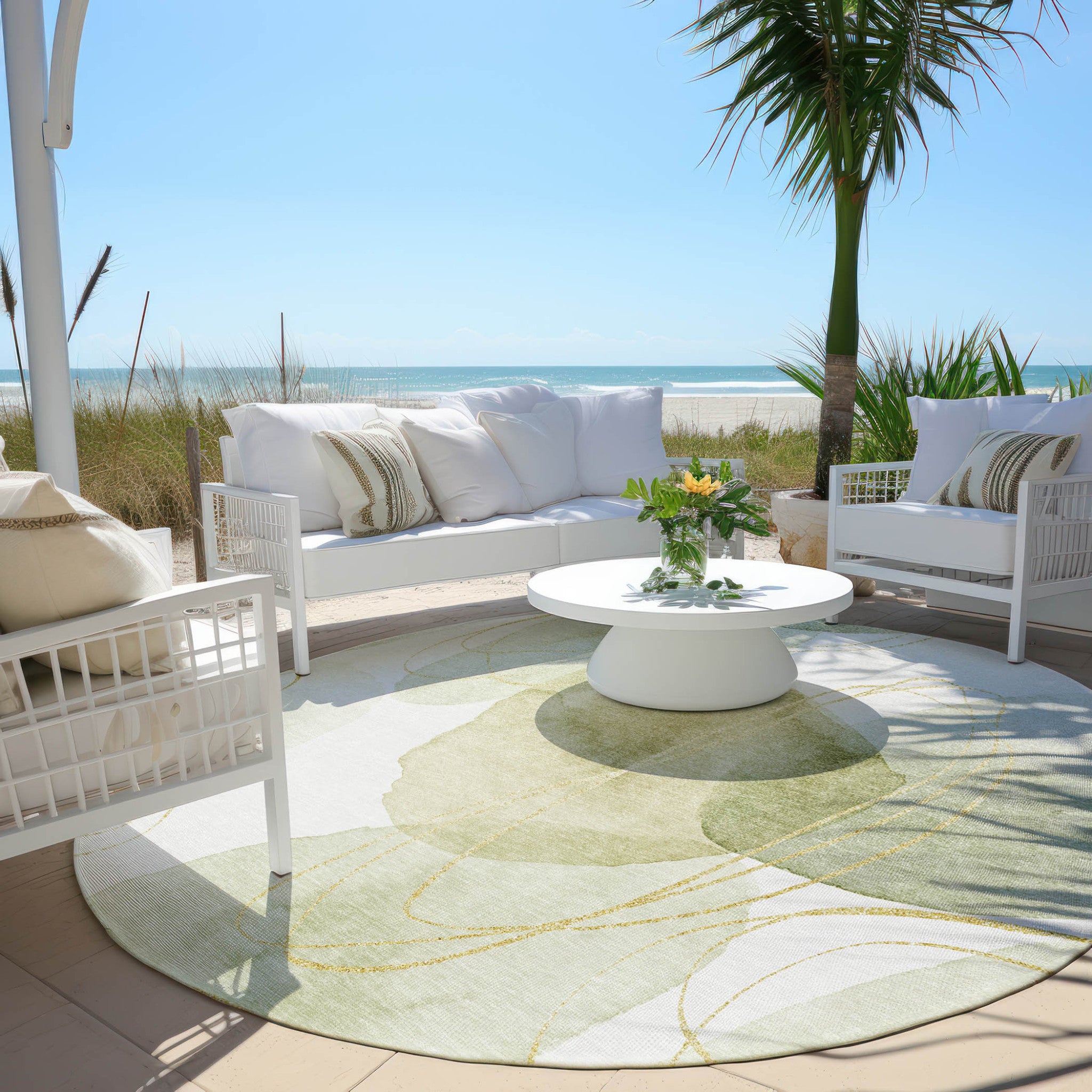 Modern Washable, Non-Skid, Stain-Resistant Green & Ivory Abstract Indoor-Outdoor Runner Rug