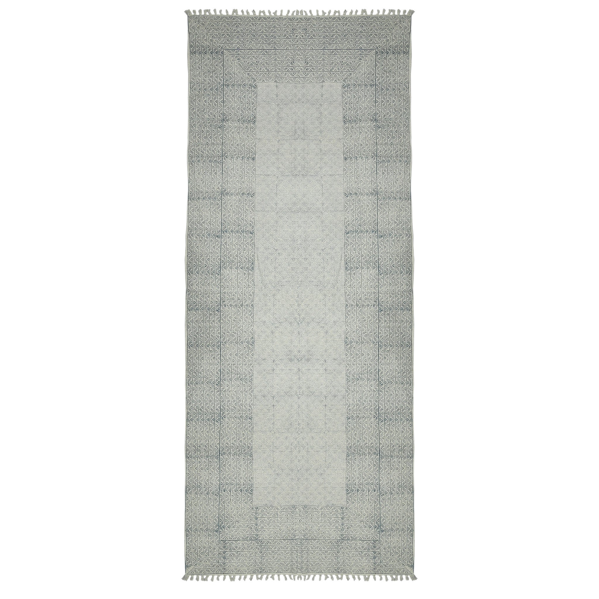 Exquisite Handmade Blue Geometric Pattern Area Rug with Decorative Fringe for Elevating Your Living Space in Style