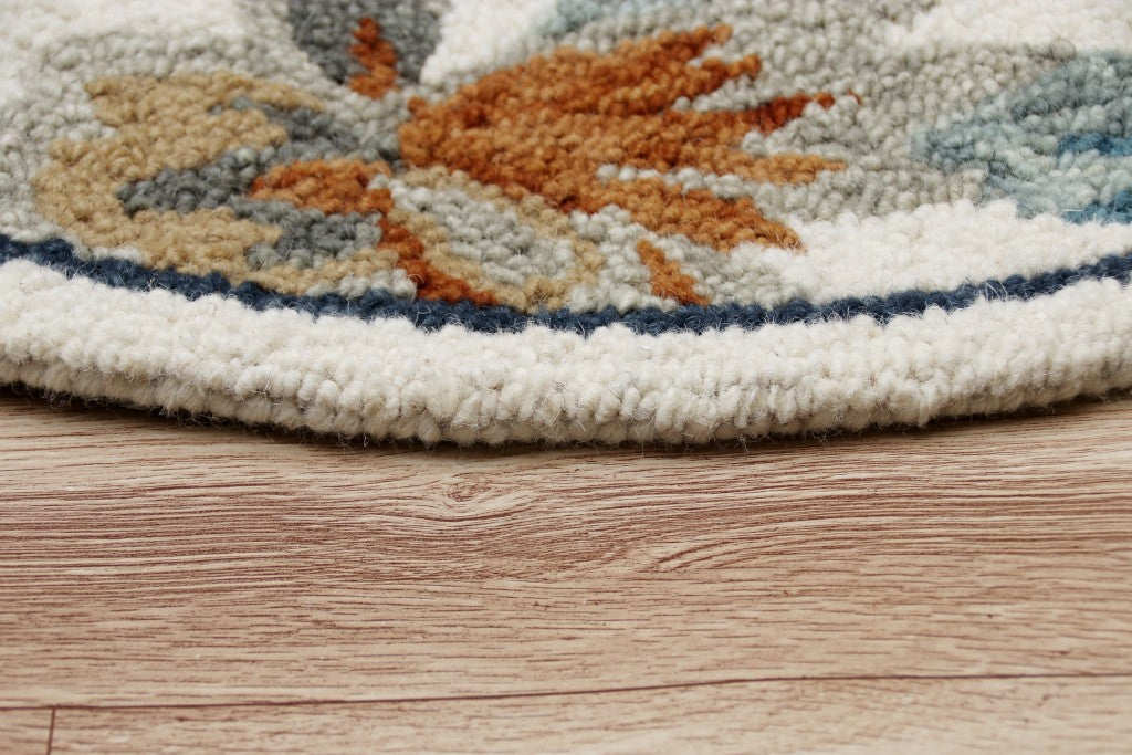 Exquisite Hand-Tufted Wool Round Tropical Area Rug in Blue and White for a Relaxed Coastal Ambiance