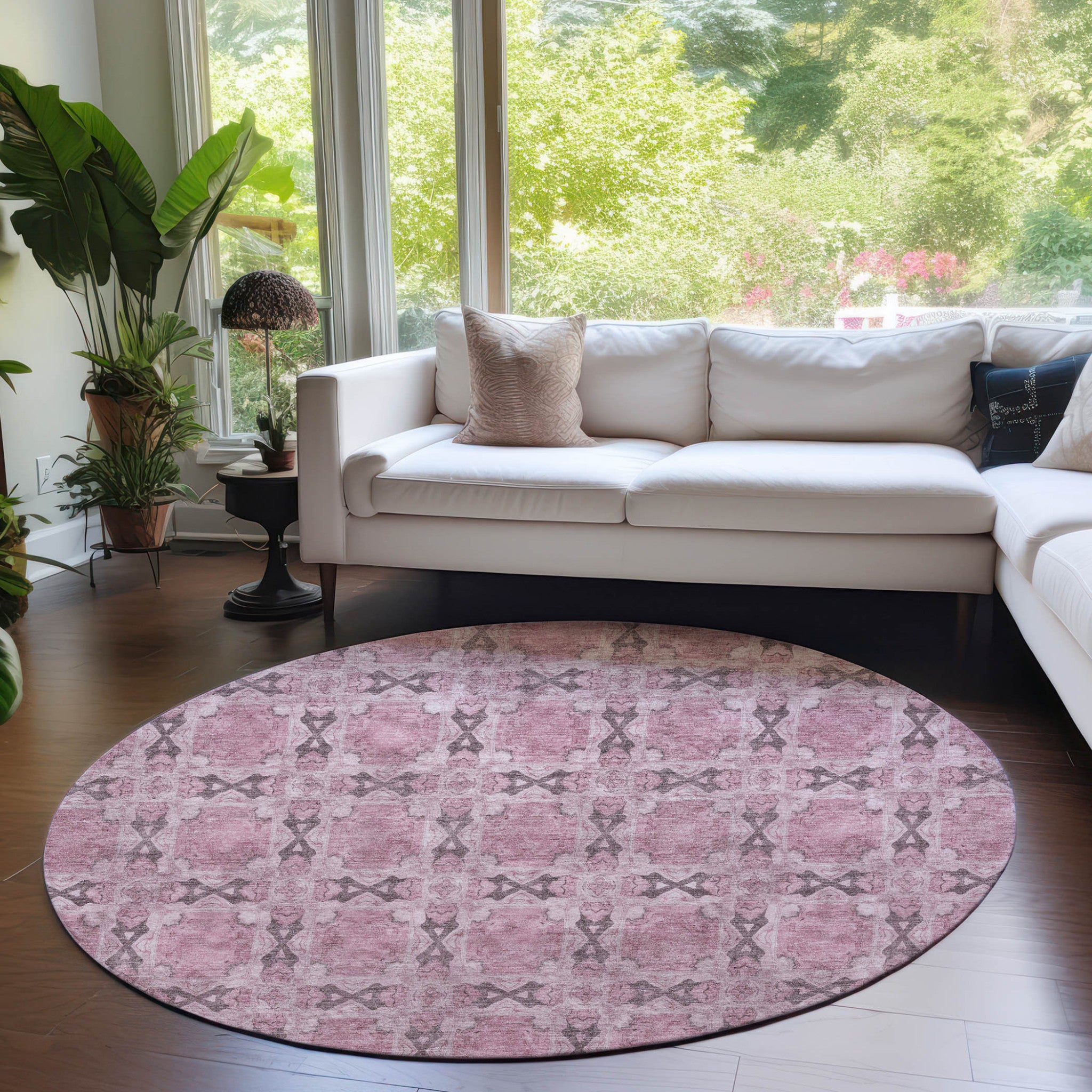 Stain-Resistant, Non-Skid Washable Teal Floral Medallion Round Runner Rug for Indoors & Outdoors