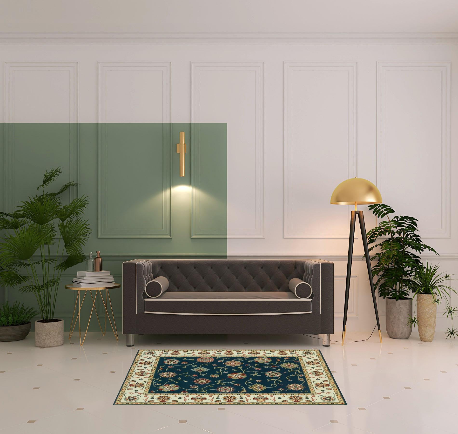 Stain-Resistant Navy and Ivory Oriental Style Runner Area Rug - Ideal for Family Homes with Kids and Pets