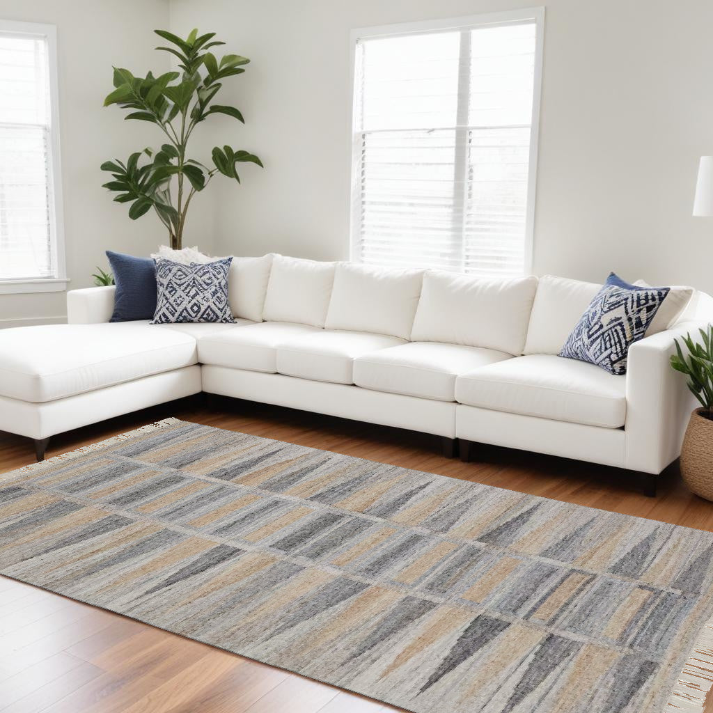 Stain-Resistant Hand-Woven Tan and Gray Geometric Fringed Area Rug