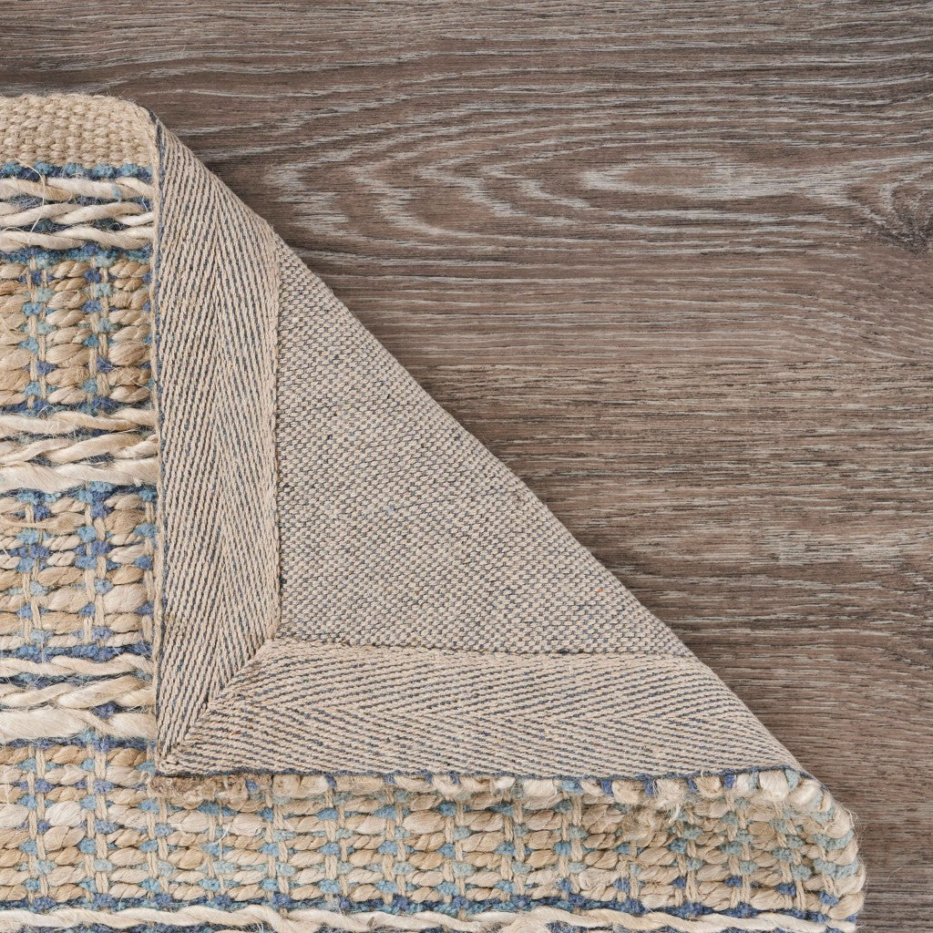 Luxury Handwoven Blue and Cream Braided Jute Area Rug for Farmhouse & Bohemian Homes