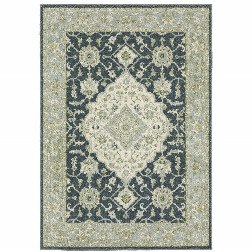 Stain-Resistant Polypropylene Area Rug with Teal Blue, Ivory, Green, and Grey Oriental Design for Family Homes with Kids and Pets