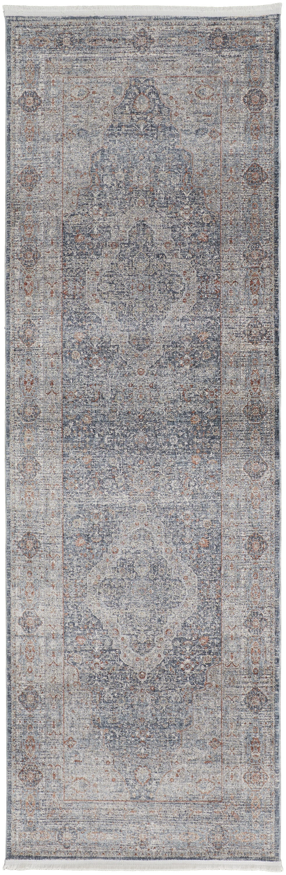 Exquisite Oriental Style Area Runner Rug with Worn and Faded Pattern, Fringed and Stain-Resistant for Family Living Spaces
