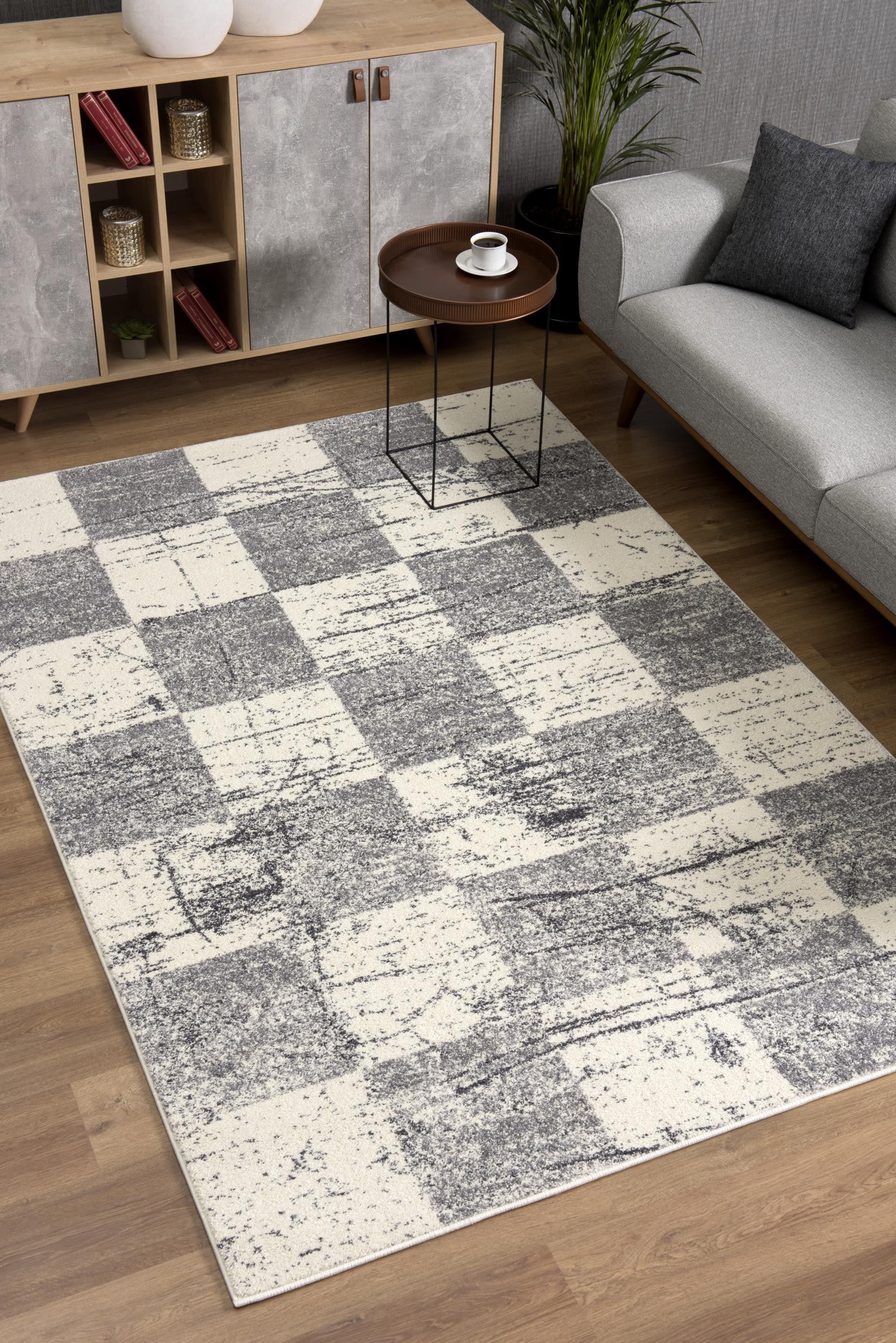 Exquisite White and Silver Checkered Indoor Area Rug with Vintage Charm, Ideal for Modern Residences, Measuring 66” x 45”
