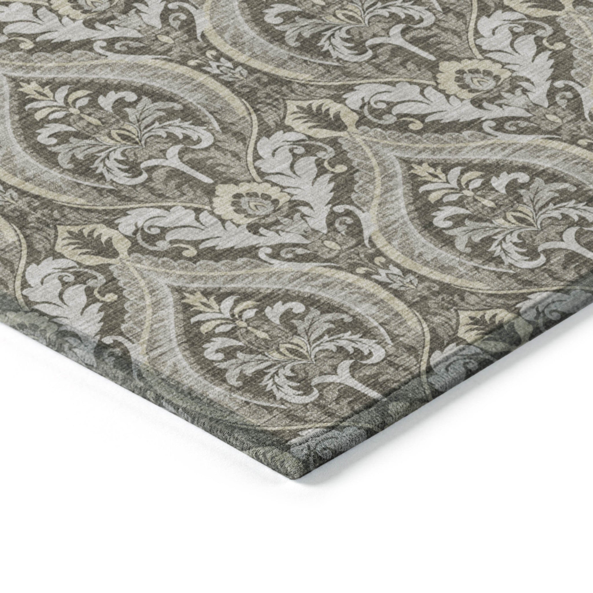 Stylish Washable and Stain - Resistant Non - Skid Damask Design Indoor Outdoor Runner Rug Measuring 27 Inches by 90 Inches