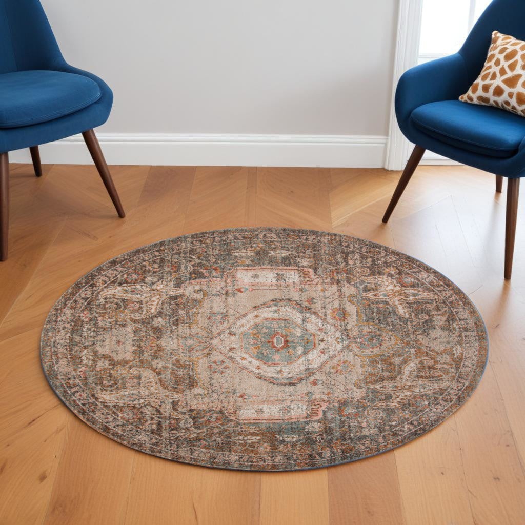 Stain-Resistant Medallion Area Rug in Beige, Gray & Taupe for Family Homes