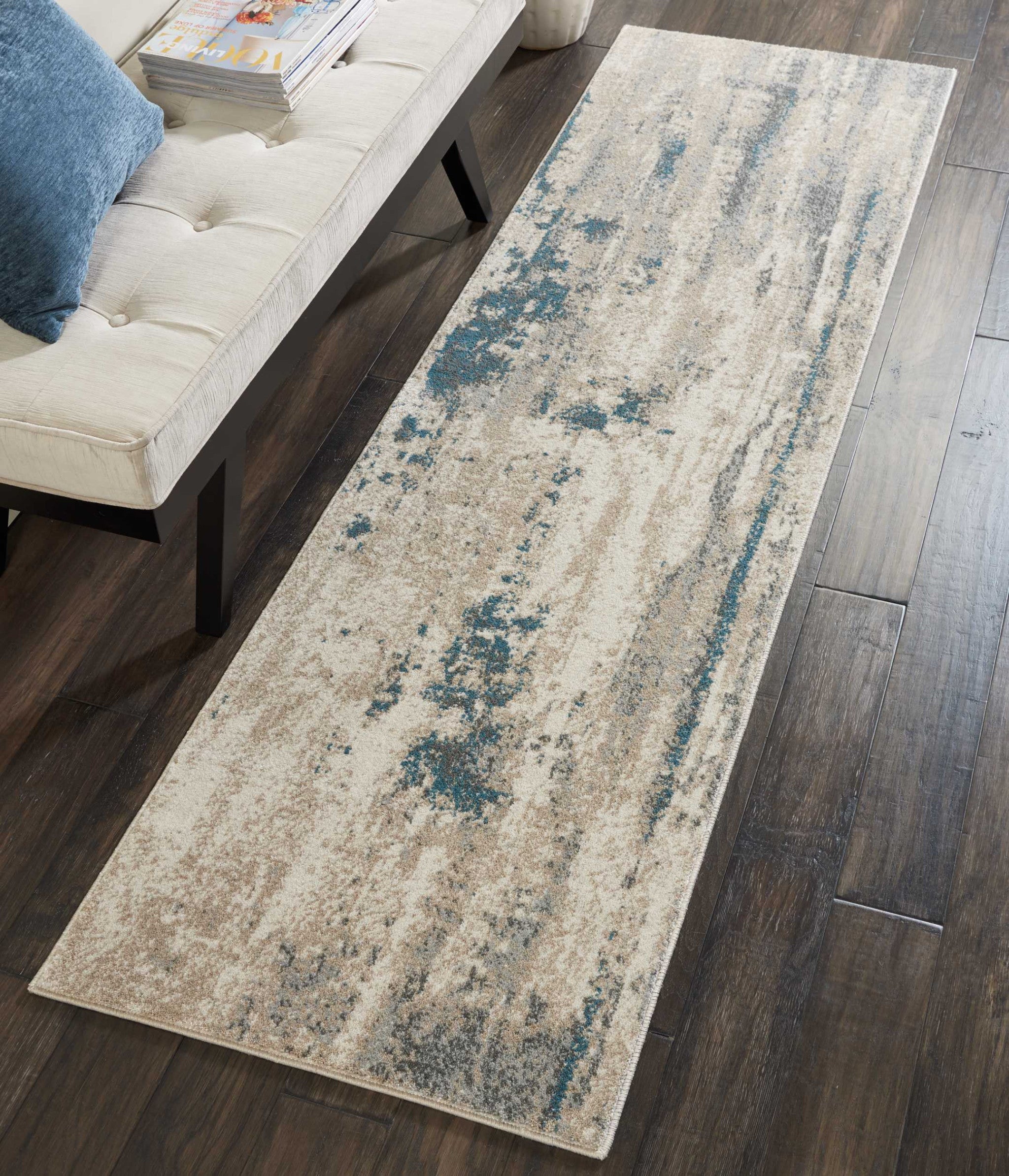 Durable and Stain-Resistant Teal and Ivory Abstract Non-Slip Runner Rug for High-Traffic Areas in Your Home