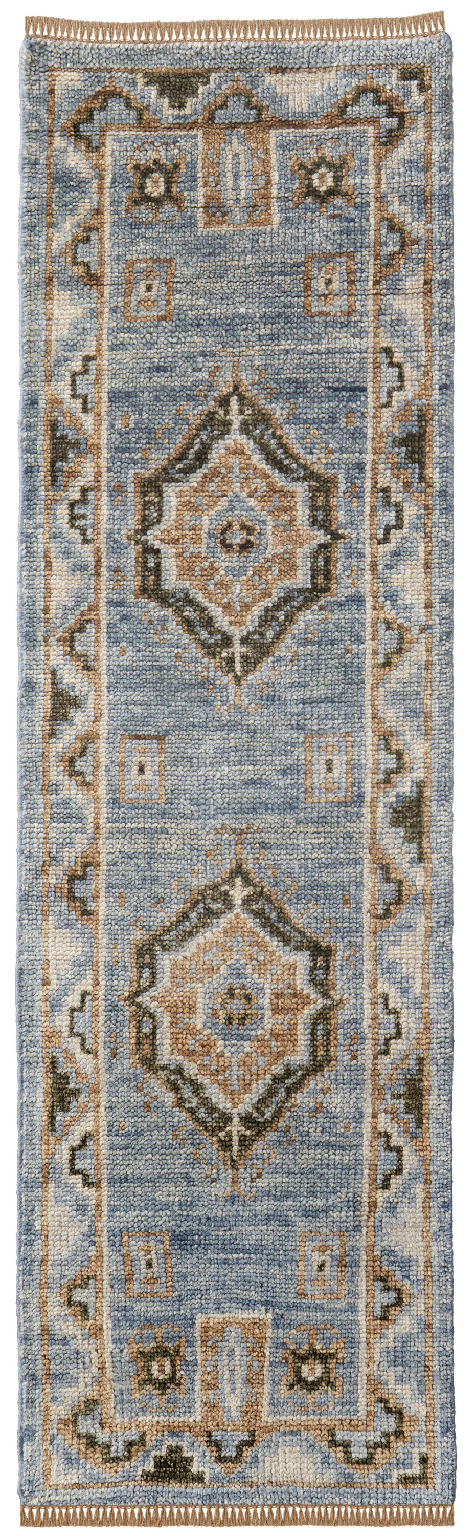 Exquisite Hand-Knotted Wool Area Rug in Elegant Ivory Tan & Blue with Tassels