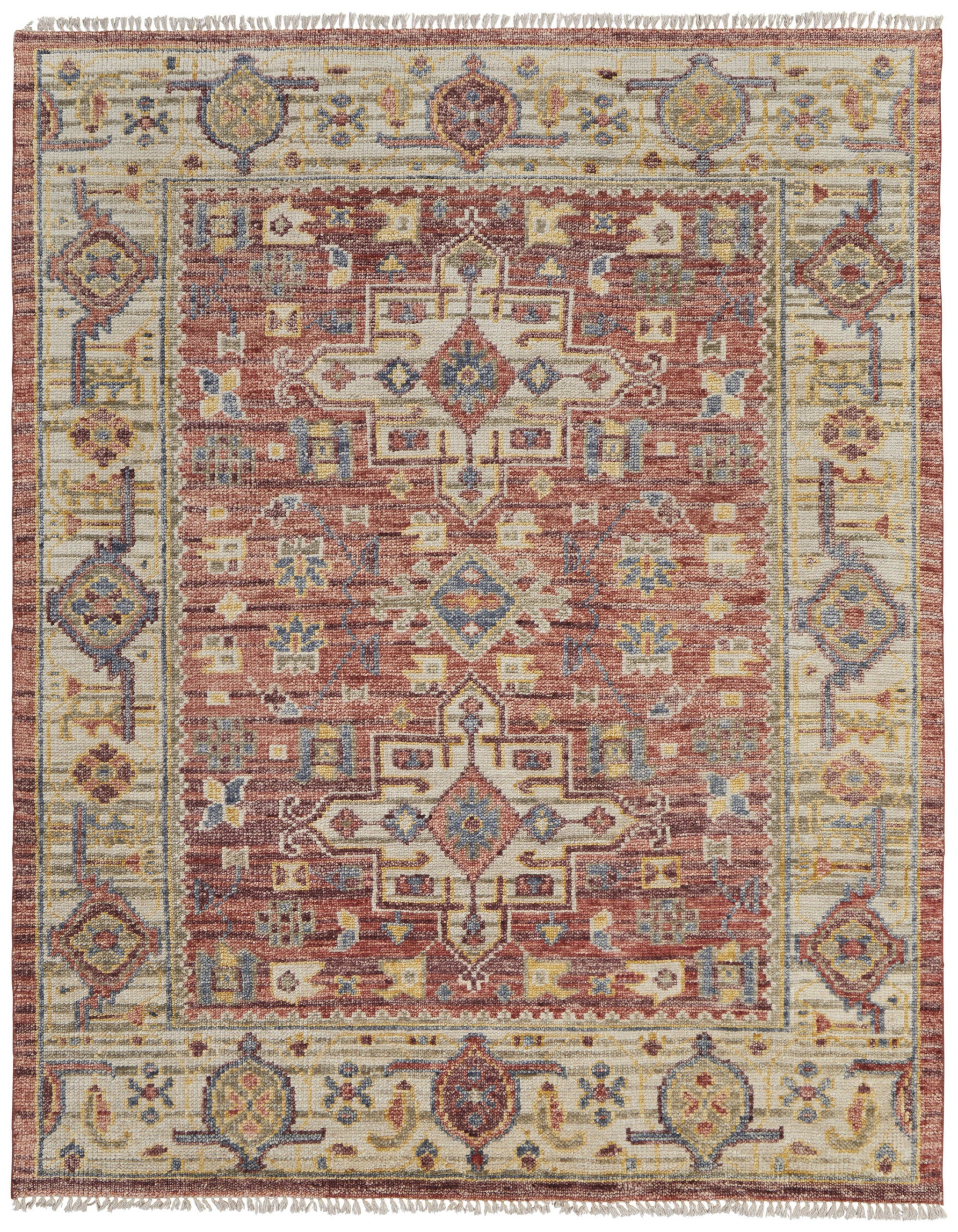 Stylish Stain-Resistant Hand-Knotted Ivory, Red & Gold Oriental Area Rug with Fringe