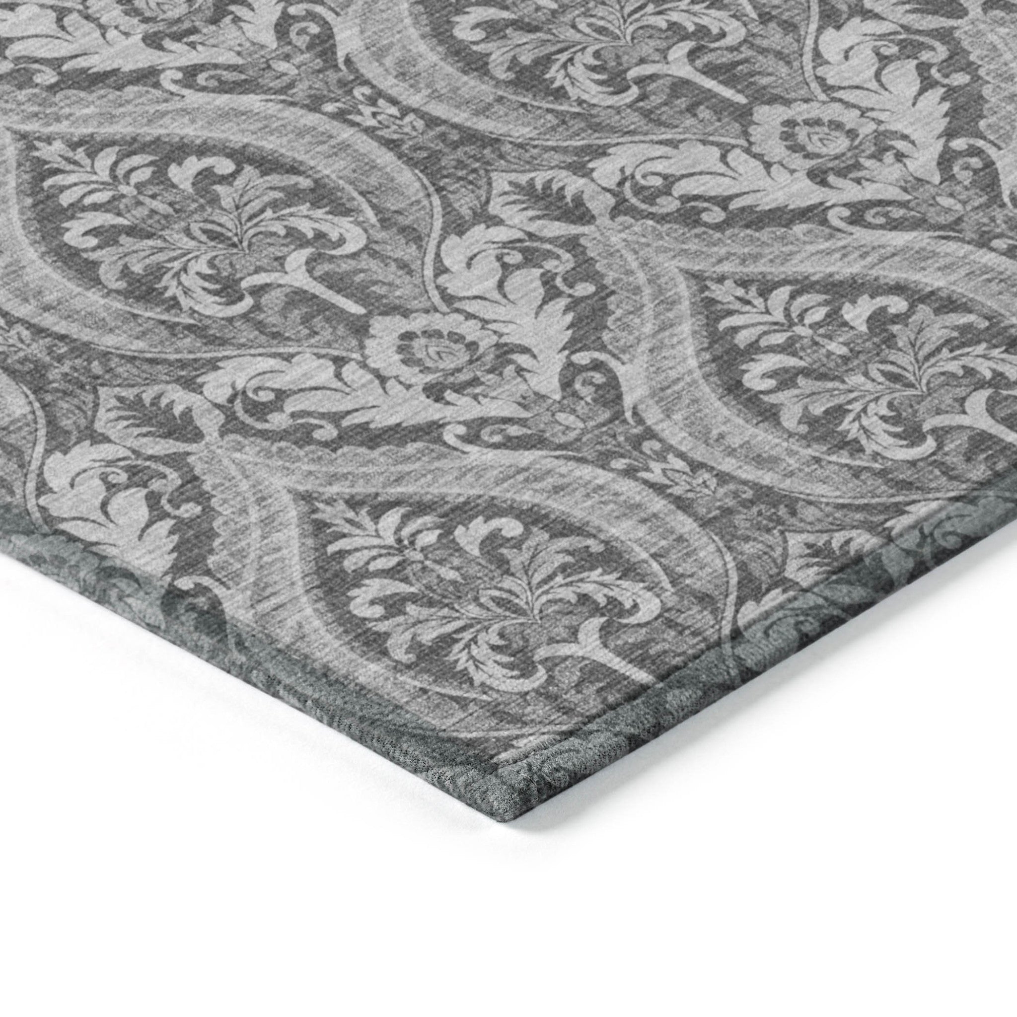 Stylish Washable and Stain - Resistant Non - Skid Damask Design Indoor Outdoor Runner Rug Measuring 27 Inches by 90 Inches