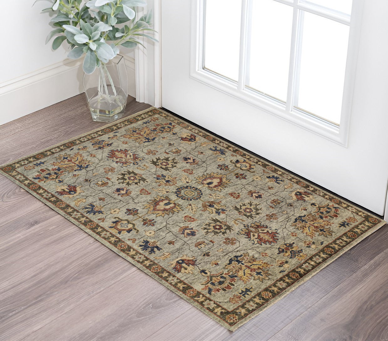 Exquisite Hand-Knotted Wool Floral Area Rug in Elegant Gray and Ivory with Tassels