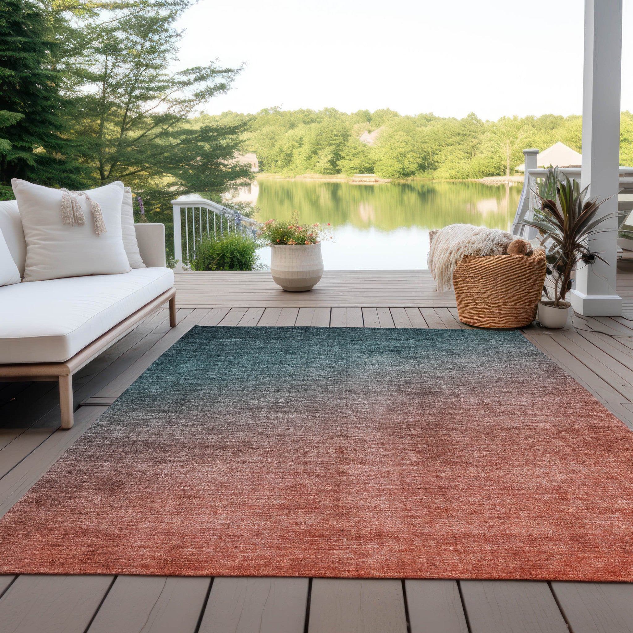 Stylish Ombre Teal and Red Orange Washable and Stain - Resistant Runner Outdoor Rugs for Both Indoor and Outdoor Decor
