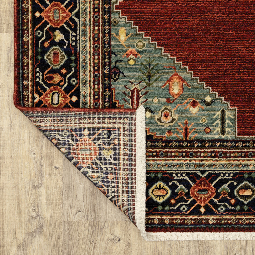 Stylish Red, Blue, and Ivory Stain-Resistant Oriental Runner Area Rug with Elegant Fringed Ends