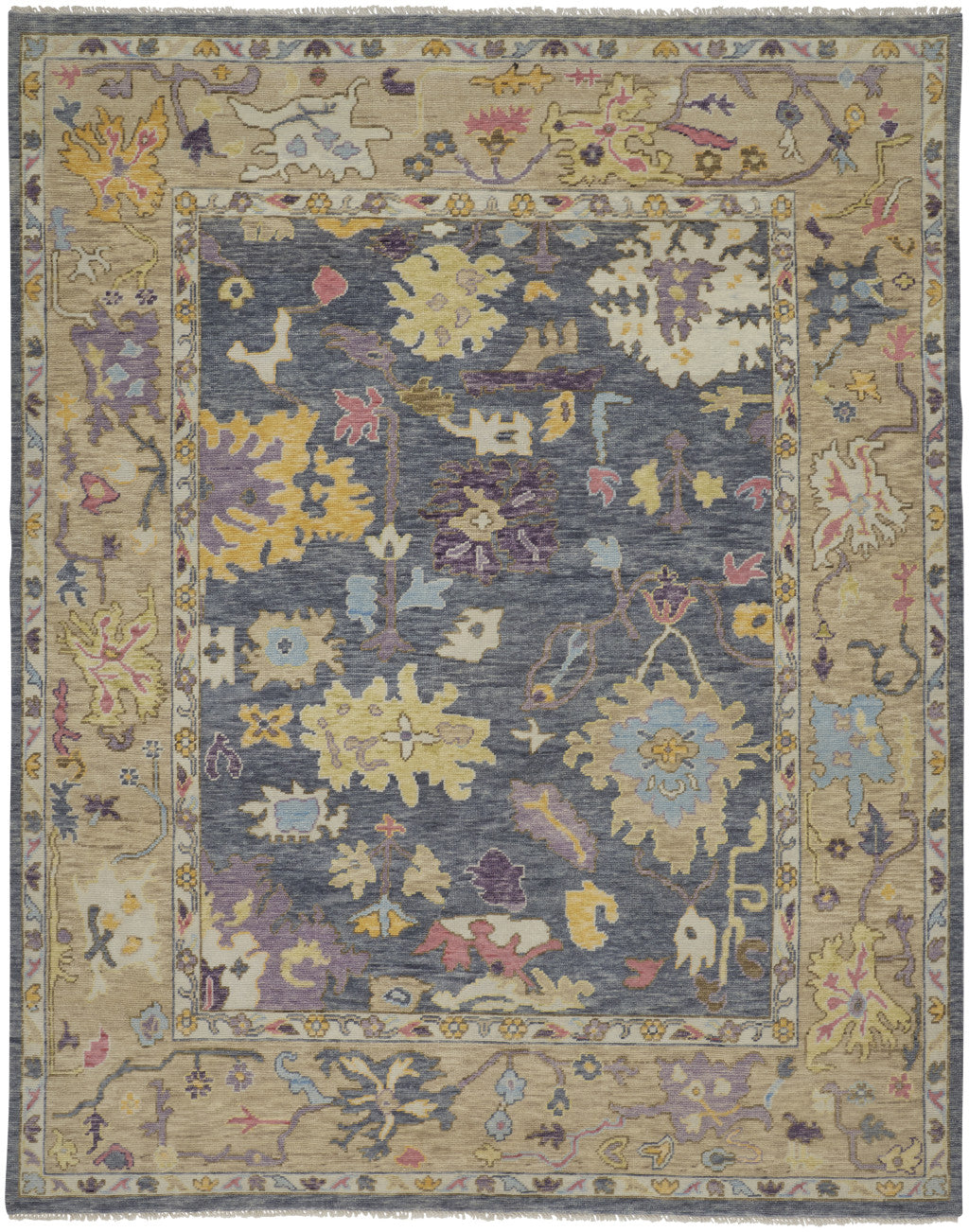 Stain-Resistant Hand-Knotted Oriental Area Rug in Vibrant Gold, Blue & Purple