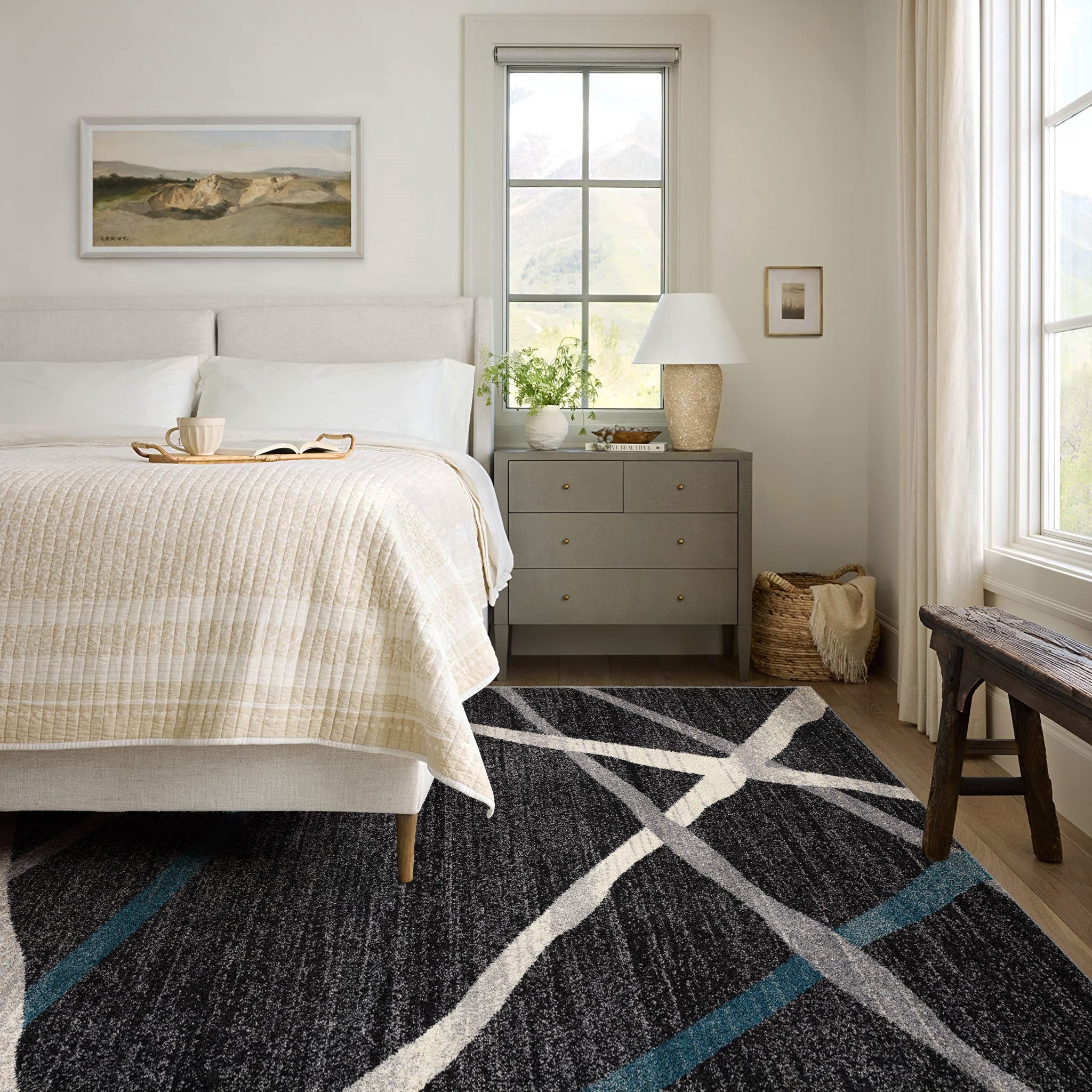Distressed Black and Gray Abstract Polypropylene Area Rug - Luxurious, Durable, and Stylish for Contemporary Modern Homes