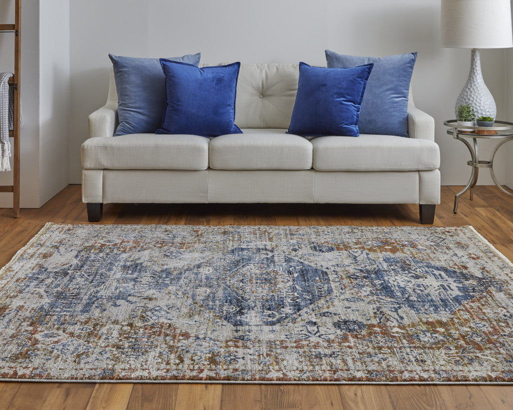 Stylish Distressed Floral Area Rug in Ivory, Orange & Blue with Fringe Design for Elegant Home Decor