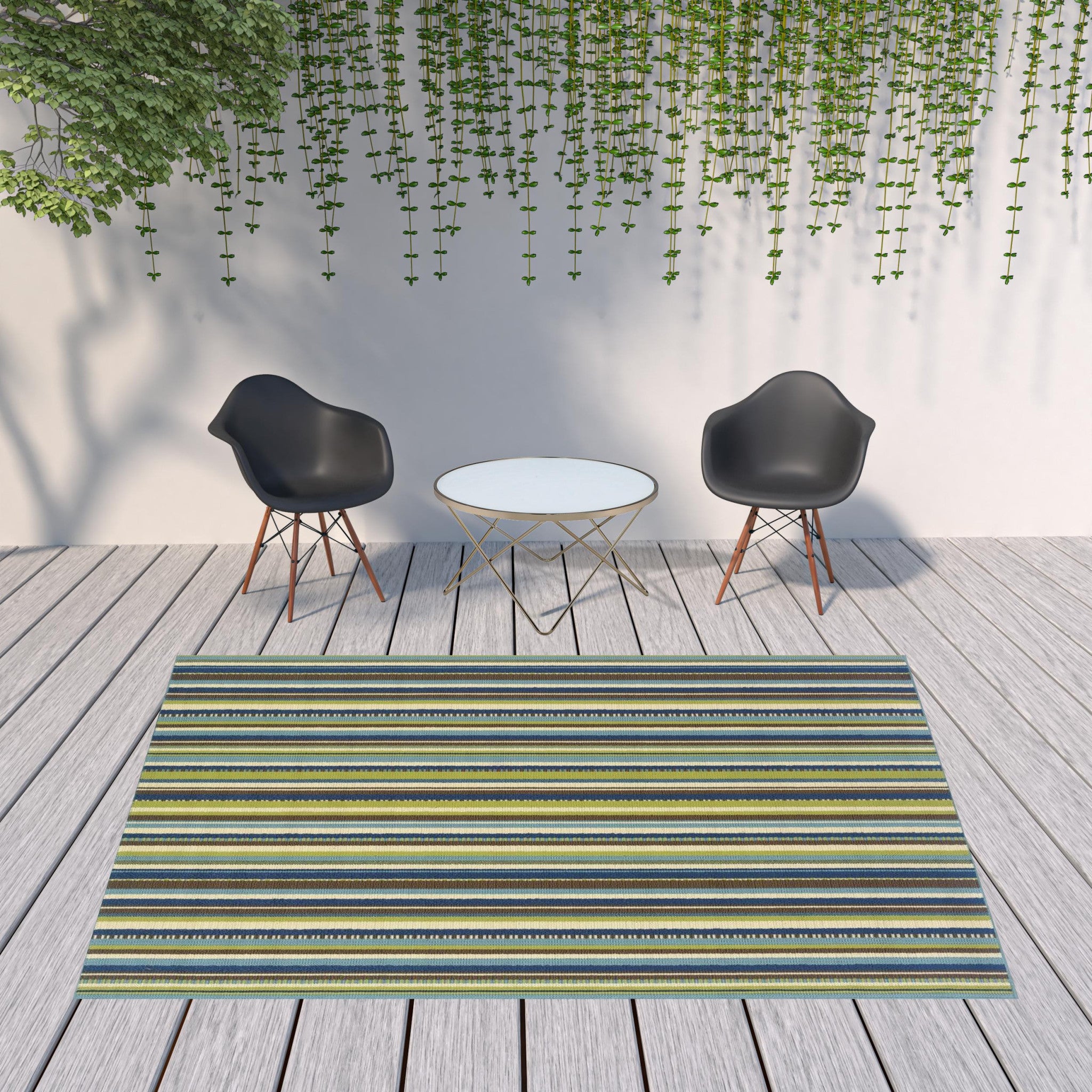 Stain-Resistant Blue & Green Striped Indoor-Outdoor Area Rug for Cozy Spaces