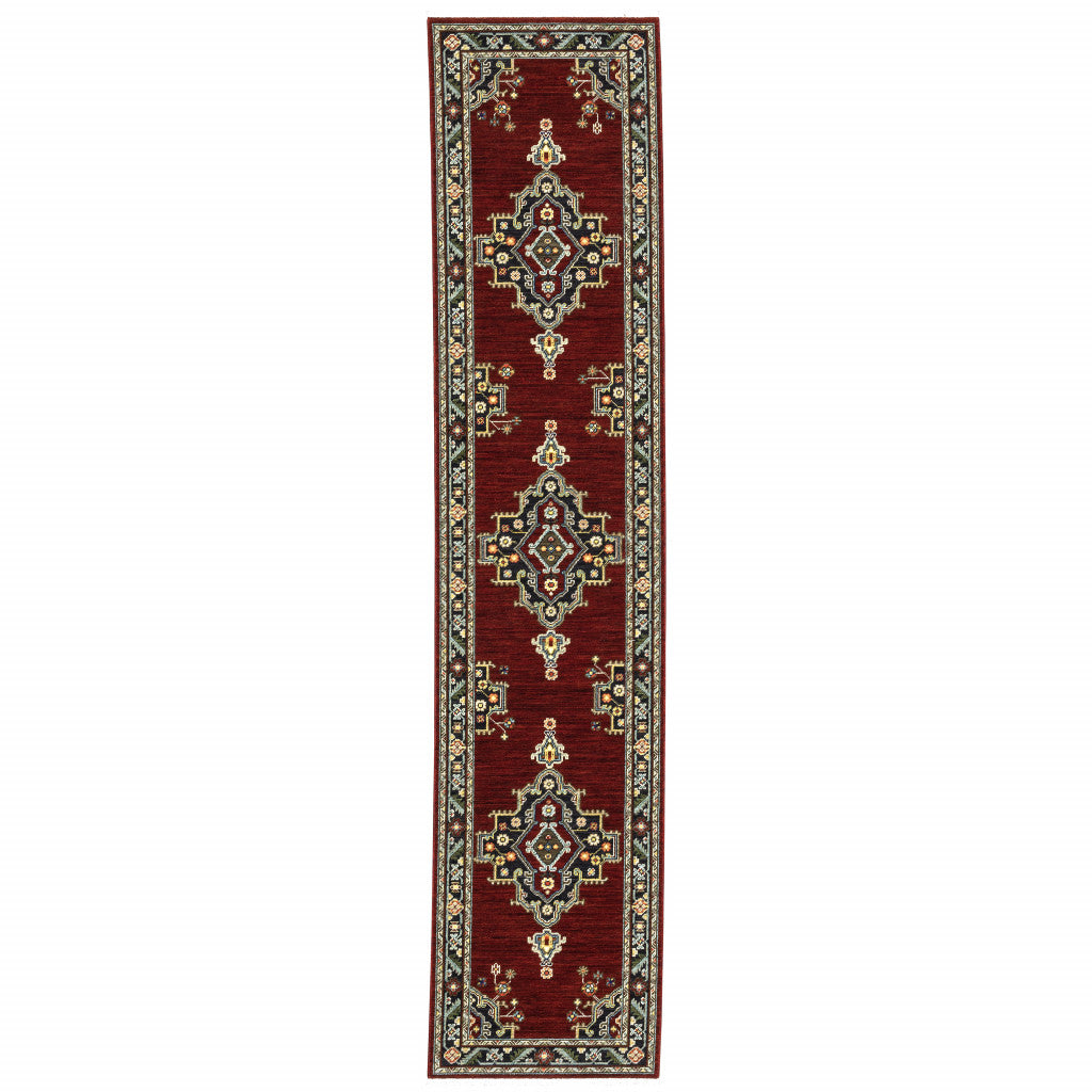 Vibrantly Colored Oriental Design Stain Resistant Area Runner Rug with Fringe in Red, Ivory, Blue, and Orange for Home Decor